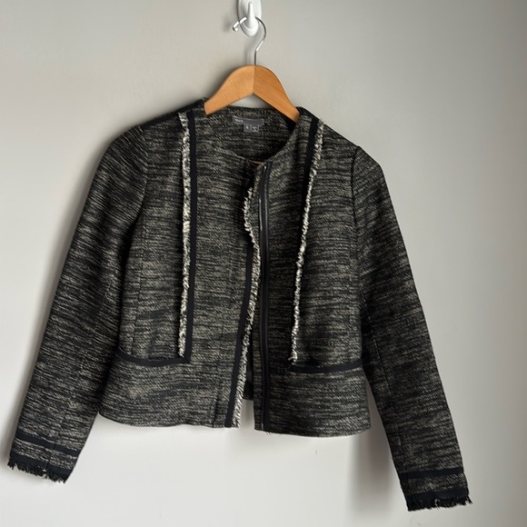 Vince Black Leather Trim Boucle Jacket Size 2 - Picture 2 of 16